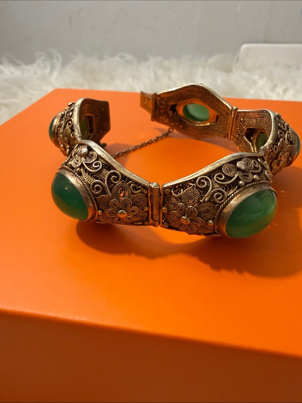 Vintage Chinese Silver Gilt Filigree Cuff Bracelet with Green Stone
